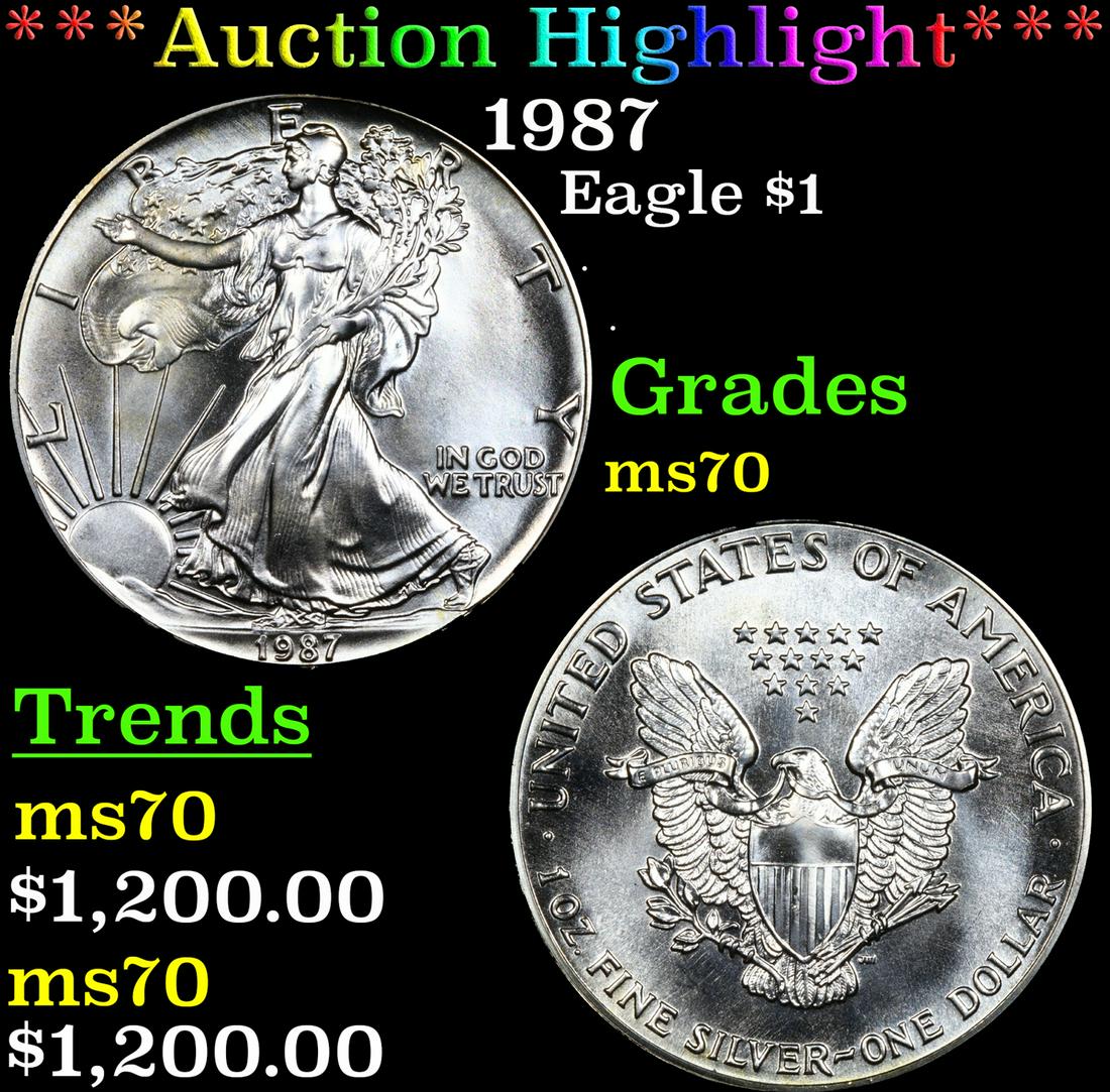 ***Auction Highlight*** 1987 Silver Eagle Dollar $1 Graded ms70 By SEGS (fc) (1 of 5)