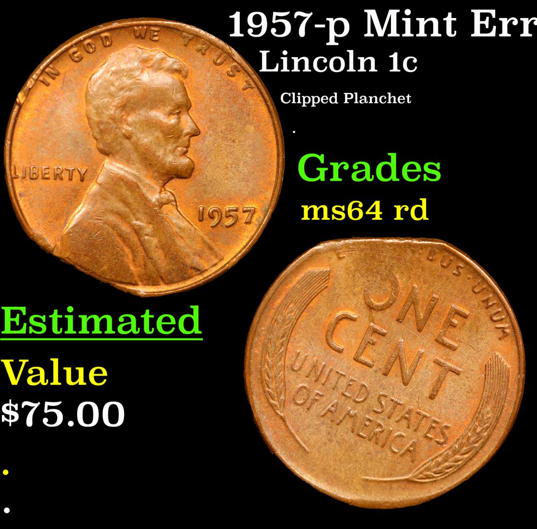 1957-p Lincoln Cent Mint Error 1c Grades Choice Unc RD (1 of 3)