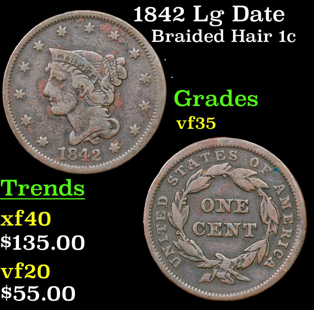 1842 Lg Date Braided Hair Large Cent 1c Grades vf++ (1 of 3)