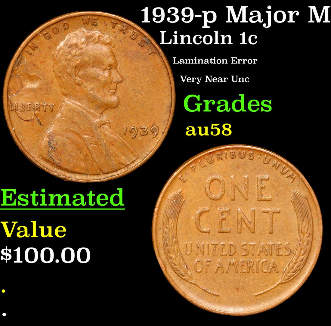 1939-p Lincoln Cent Major Mint Error 1c Grades Choice AU/BU Slider (1 of 3)