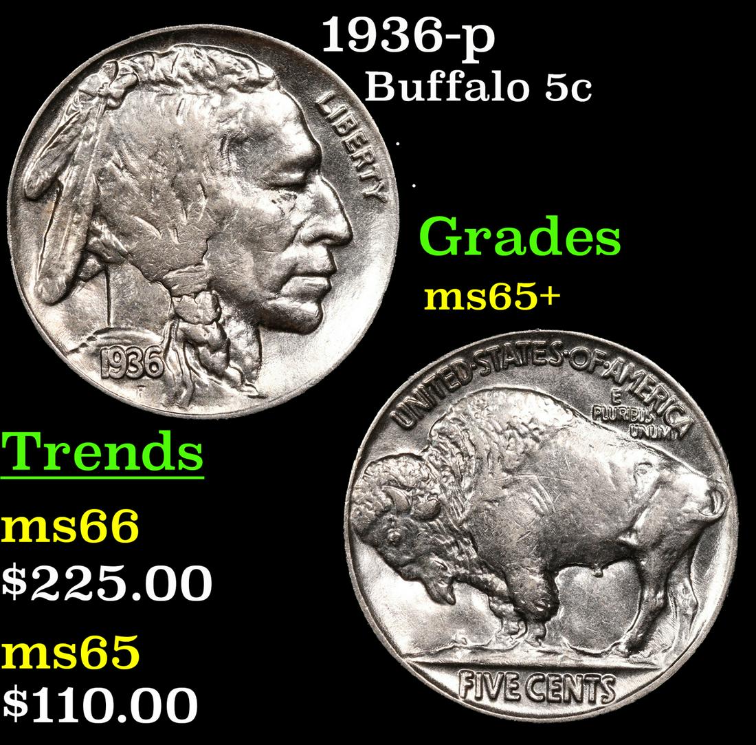 1936-p Buffalo Nickel 5c Grades GEM+ Unc (1 of 3)