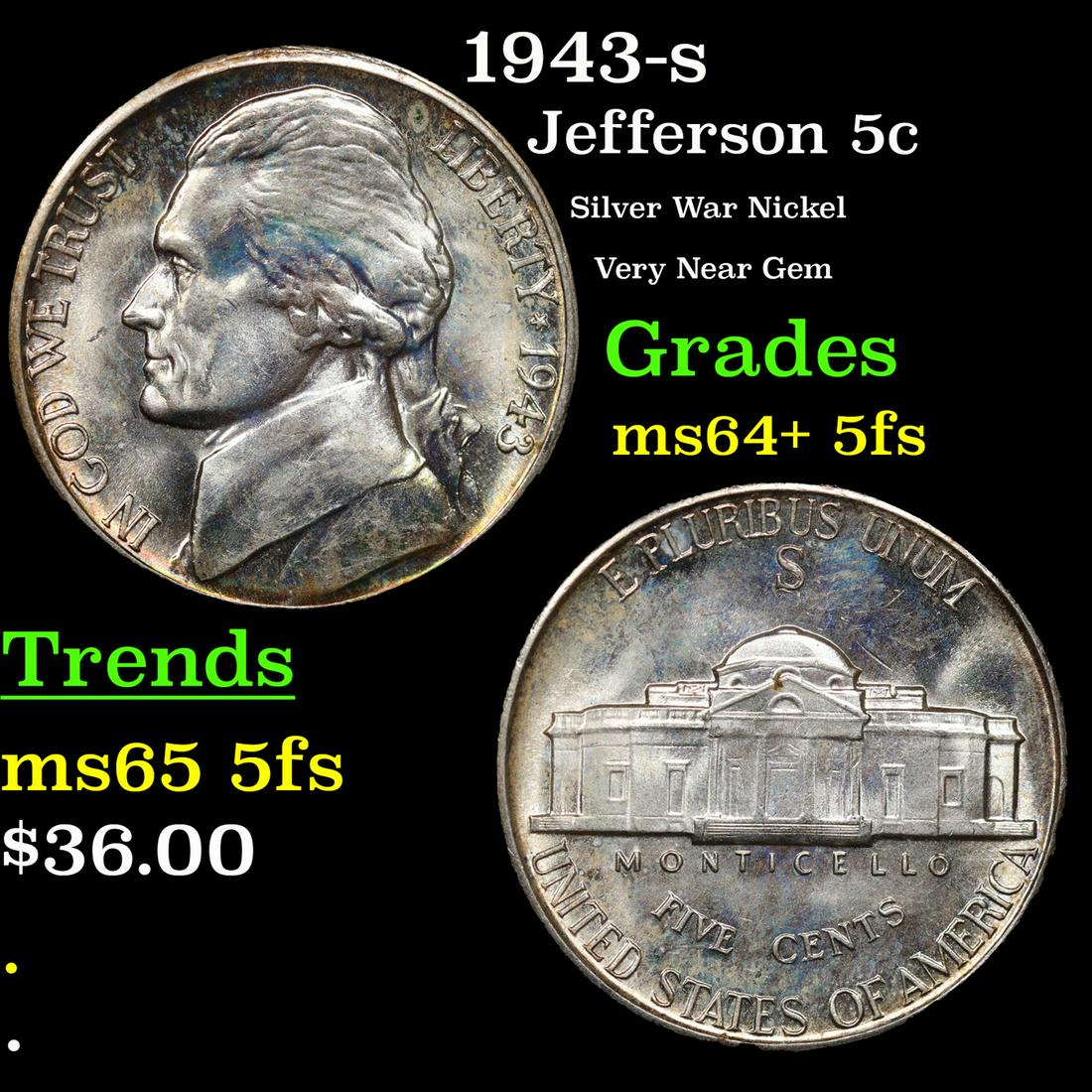 1943-s Jefferson Nickel 5c Grades Choice Unc+ 5fs (1 of 3)