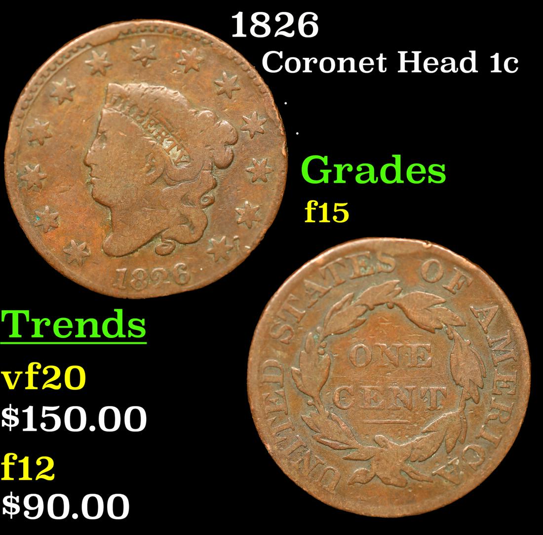 1826 Coronet Head Large Cent 1c Grades f+ (1 of 3)