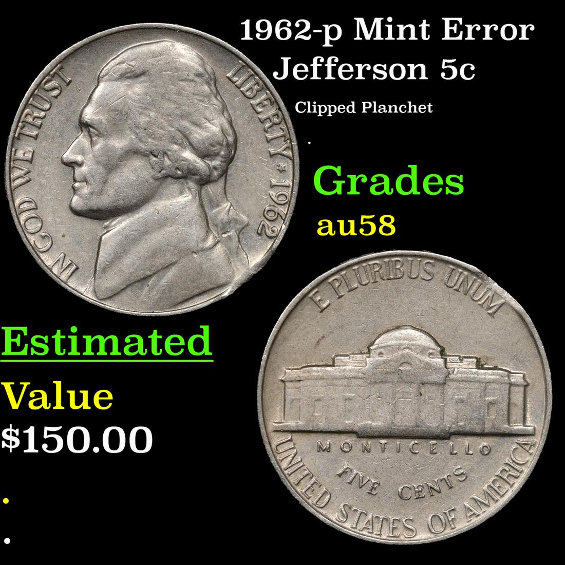 1962-p Jefferson Nickel Mint Error 5c Grades Choice AU/BU Slider (1 of 1)