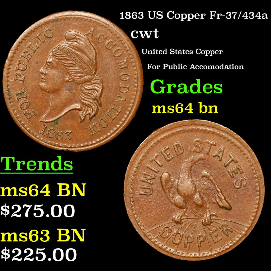 1863 US Copper Civil War Token Fr-37/434a 1c Grades Choice Unc BN (1 of 3)
