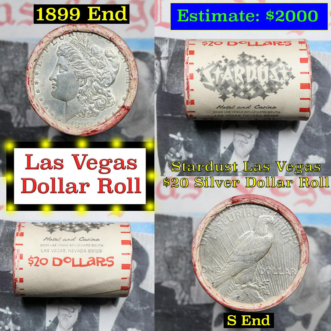 ***Auction Highlight*** Full Morgan/Peace Casino Las Vegas Stardust silver $1 roll $20, 1899 & S en: ***Auction Highlight*** Full Morgan/Peace Casino Las Vegas Stardust silver $1 roll $20, 1899 & S end. This roll is held in an old casino wrapper from Las Vegas. This roll contains 20 Morgan and/or Pea