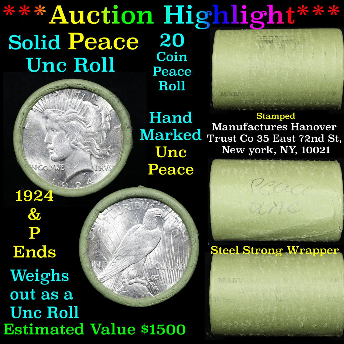 ***Auction Highlight*** Solid Uncirculated Peace silver dollar roll 1924 & P Ends, 20 coins (fc) (1 of 6)