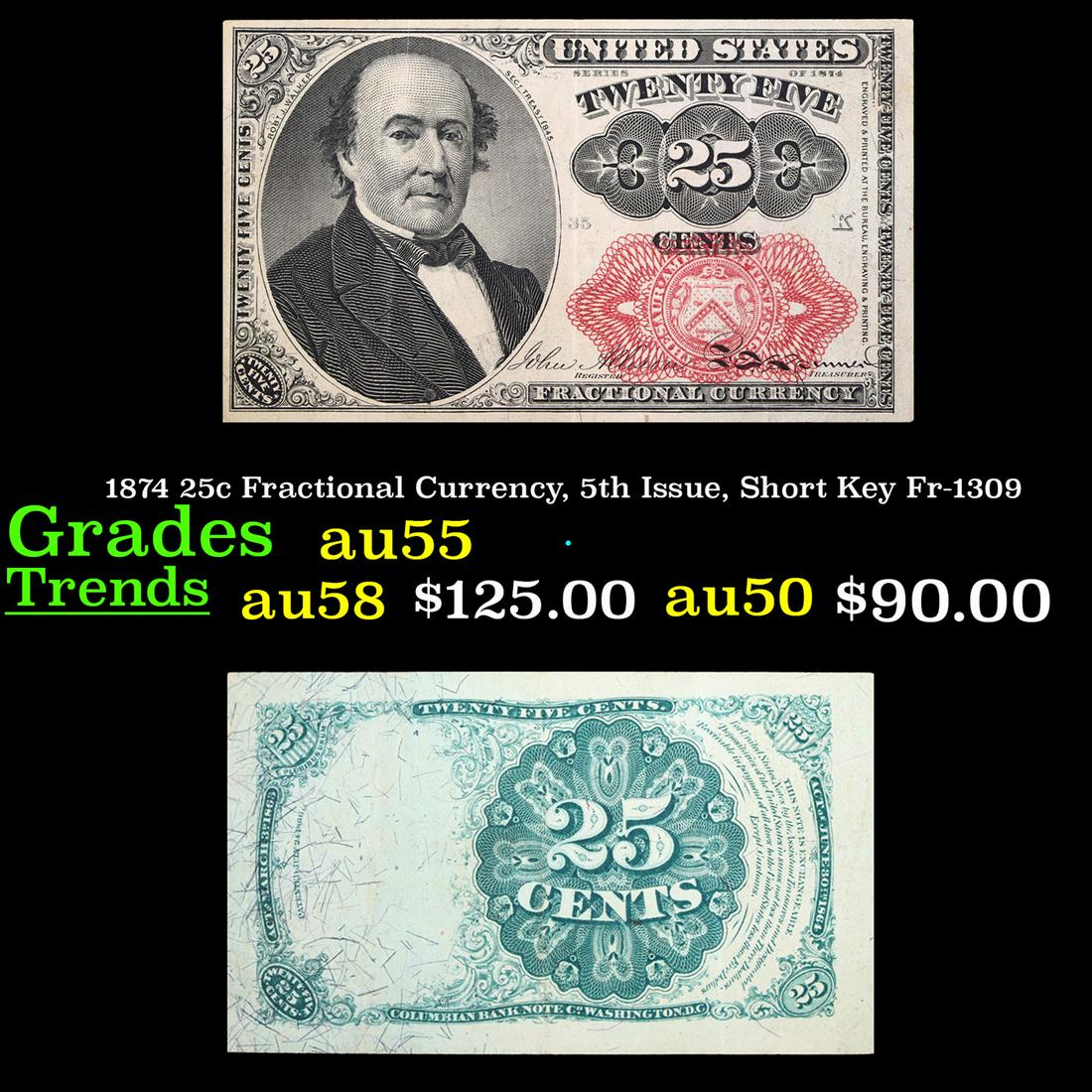 1874 25c Fractional Currency, 5th Issue, Short Key Fr-1309  Grades Choice AU (1 of 3)