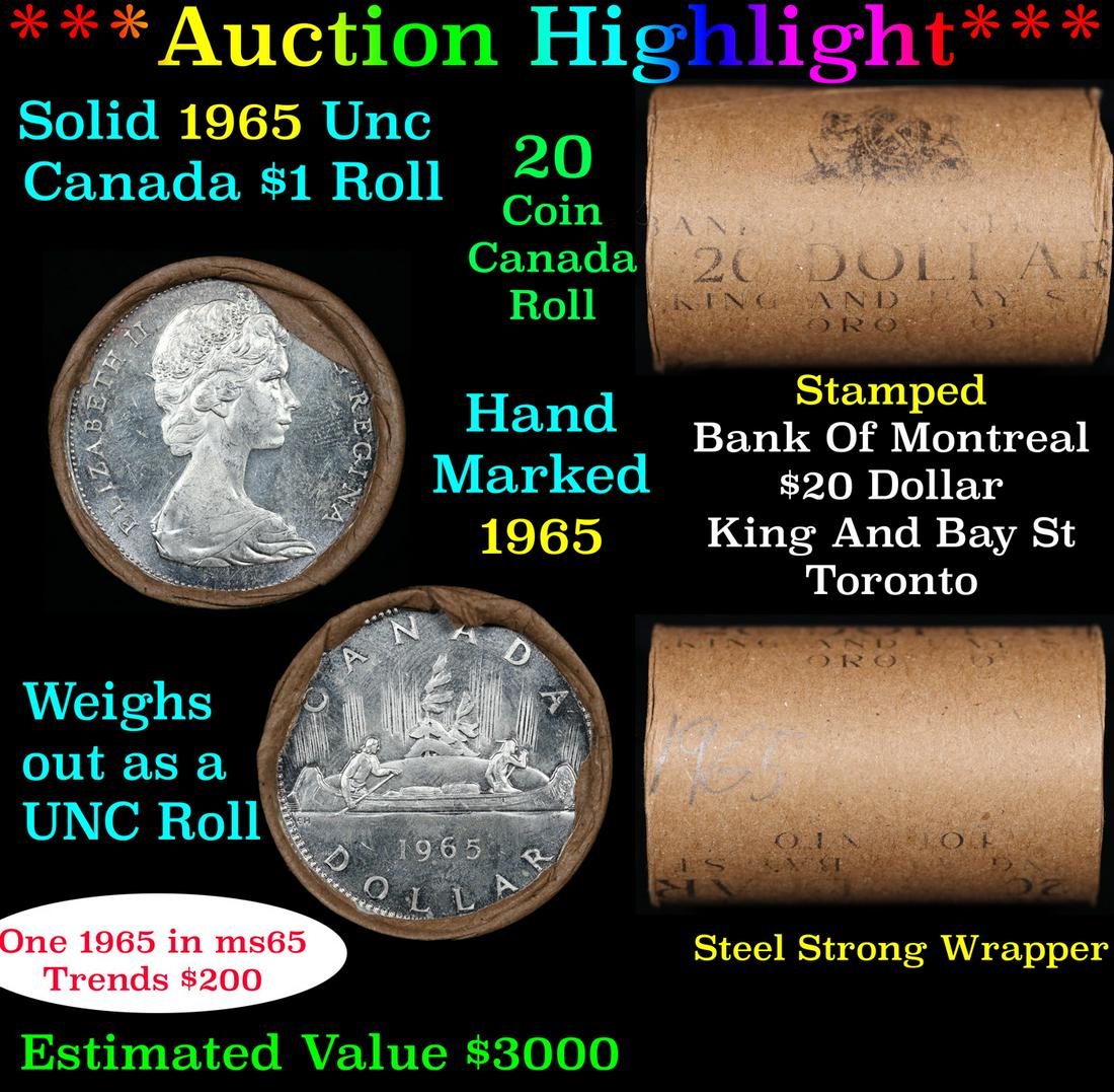 ***Auction Highlight*** Full Roll of Silver 1965 Canadian Dollar with Queen Elizabeth II, 20 Coins (1 of 5)