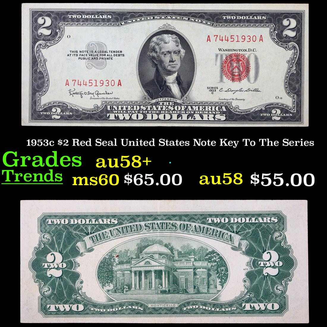 1953c $2 Red Seal United States Note Key To The Series Grades Choice AU/BU Slider+ (1 of 3)