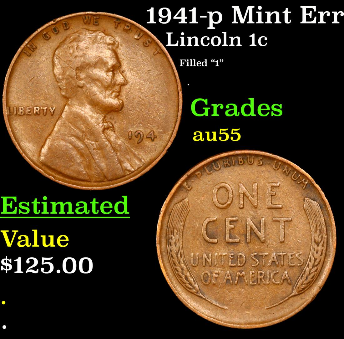 1941-p Lincoln Cent Mint Error 1c Grades Choice AU (1 of 3)