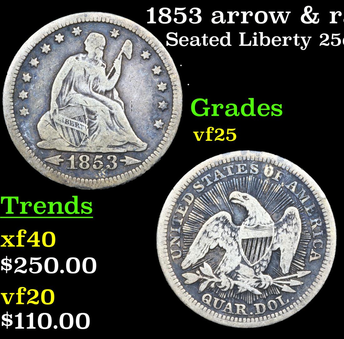 1853 arrow & rays Seated Liberty Quarter 25c Grades vf+ (1 of 3)