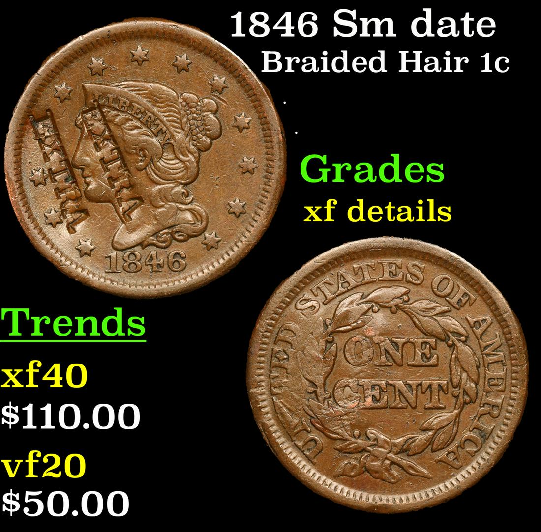 1846 Sm date Braided Hair Large Cent 1c Grades xf details (1 of 3)
