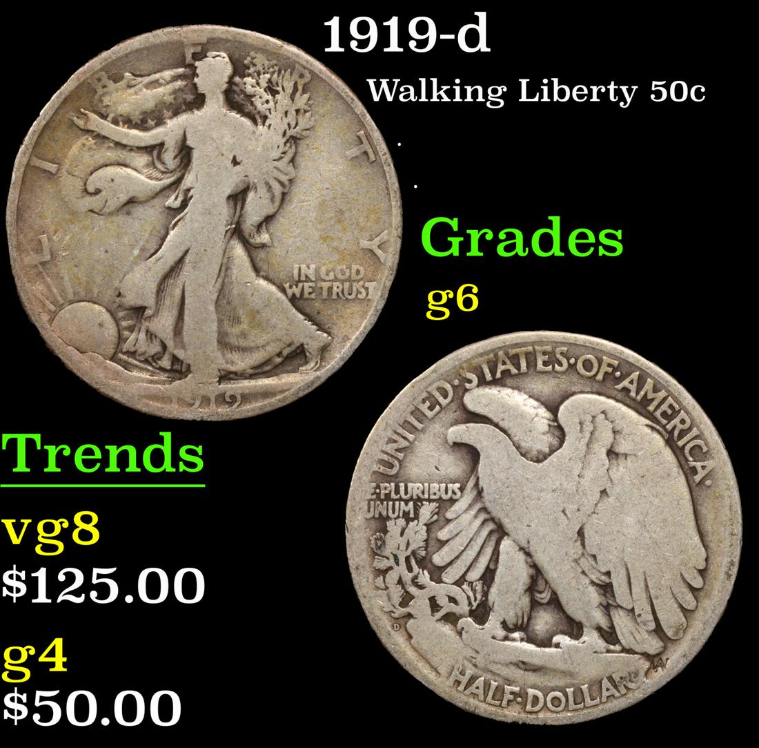 1919-d Walking Liberty Half Dollar 50c Grades g+ (1 of 3)