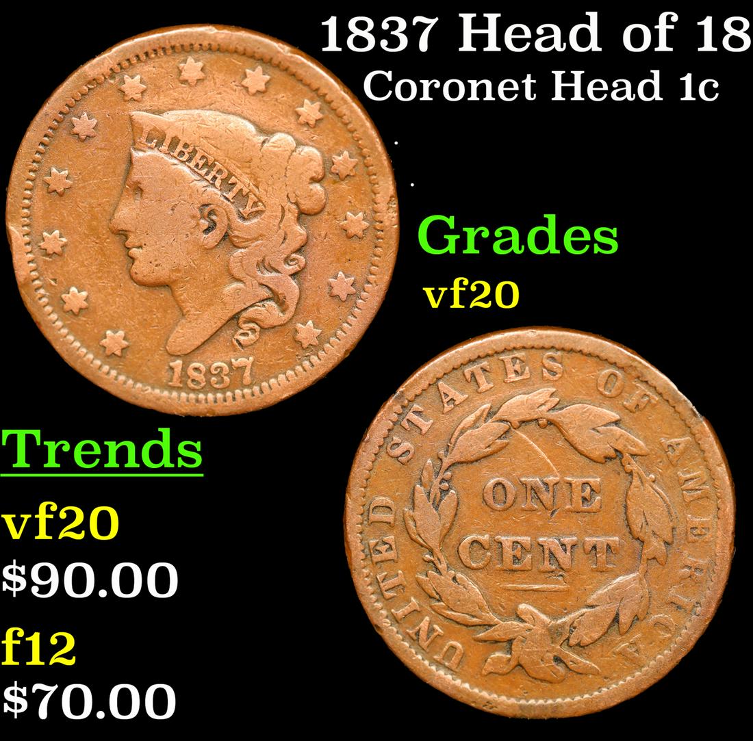 1837 Head of 1838 Coronet Head Large Cent 1c Grades vf, very fine (1 of 3)