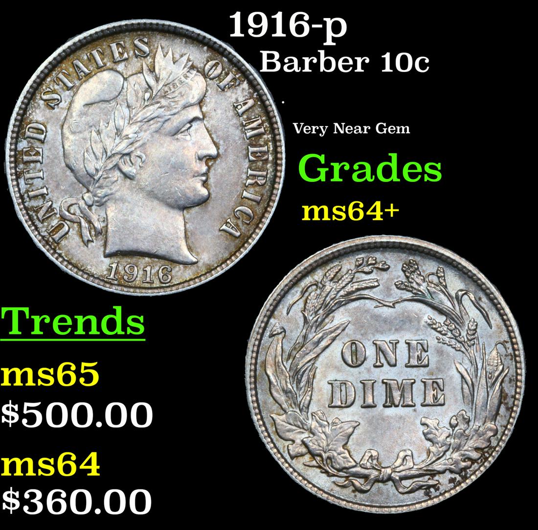 1916-p Barber Dime 10c Grades Choice+ Unc (1 of 3)