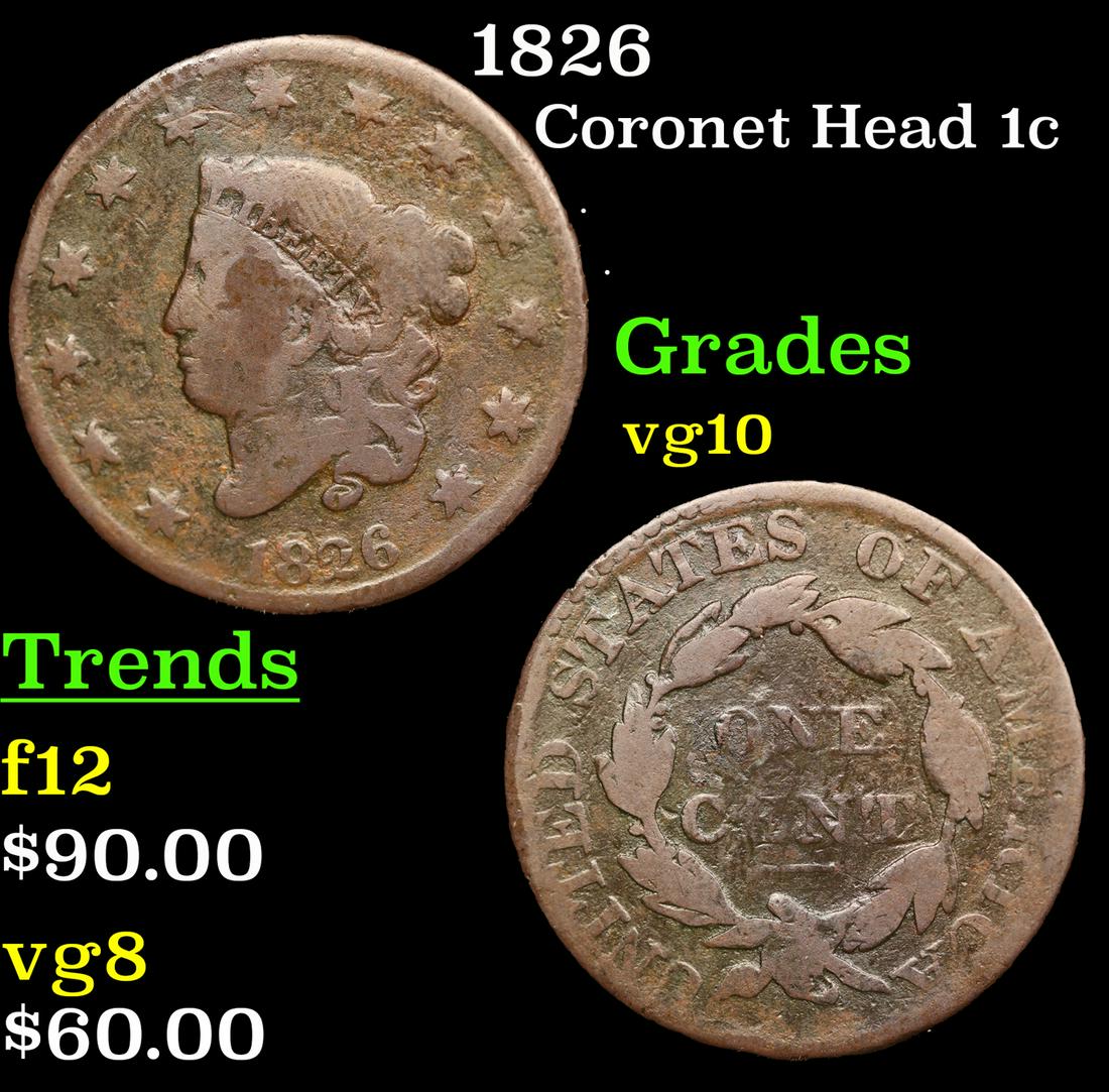 1826 Coronet Head Large Cent 1c Grades vg+ (1 of 3)