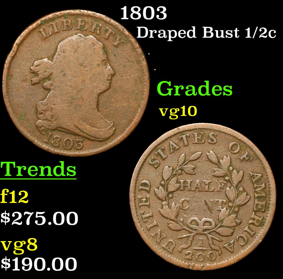 1803 Draped Bust Half Cent 1/2c Grades vg+ (1 of 3)