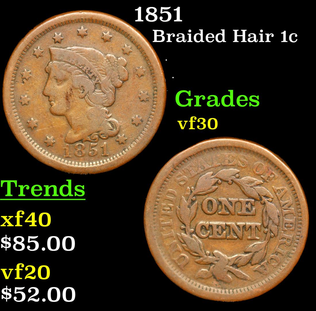 1851 Braided Hair Large Cent 1c Grades vf++ (1 of 3)