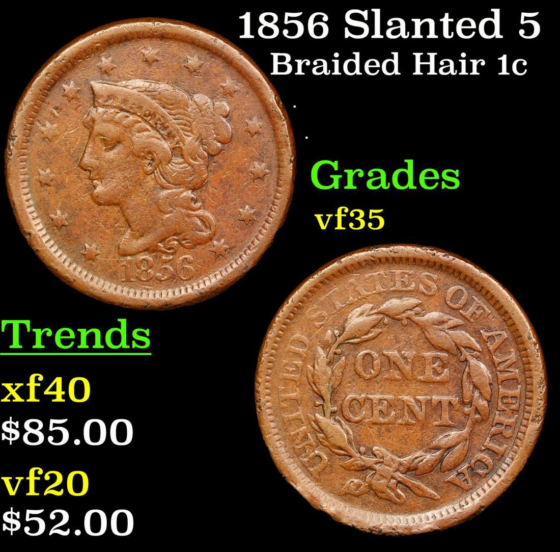 1856 Slanted 5 Braided Hair Large Cent 1c Grades vf++ (1 of 3)