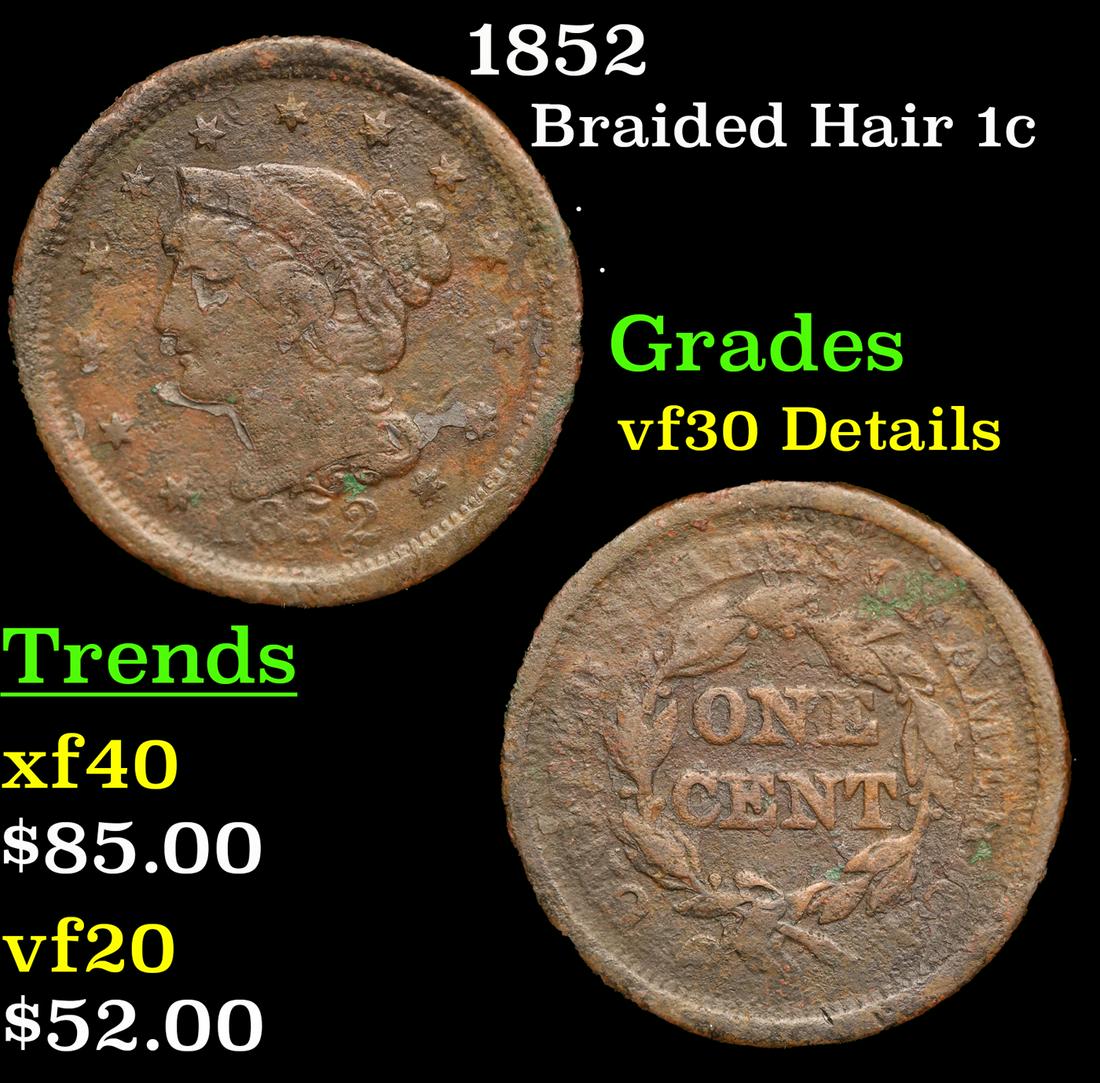 1852 Braided Hair Large Cent 1c Grades VF Details (1 of 3)
