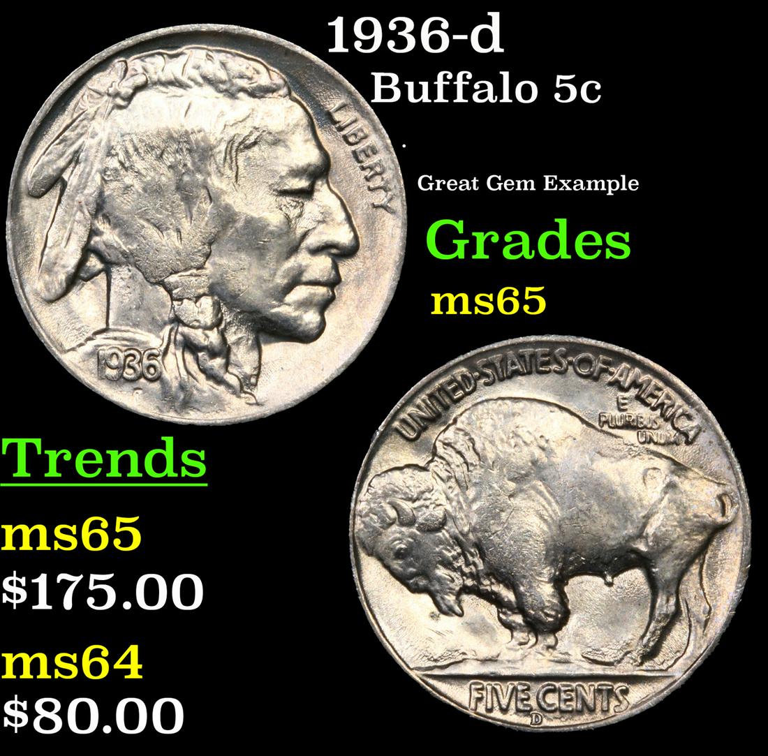 1936-d Buffalo Nickel 5c Grades GEM Unc (1 of 3)