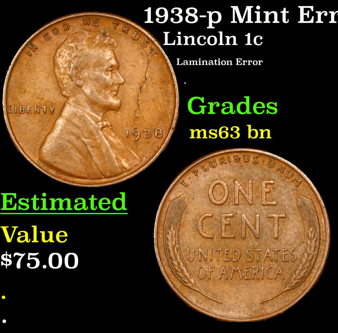 1938-p Lincoln Cent Mint Error 1c Grades Select Unc BN (1 of 3)