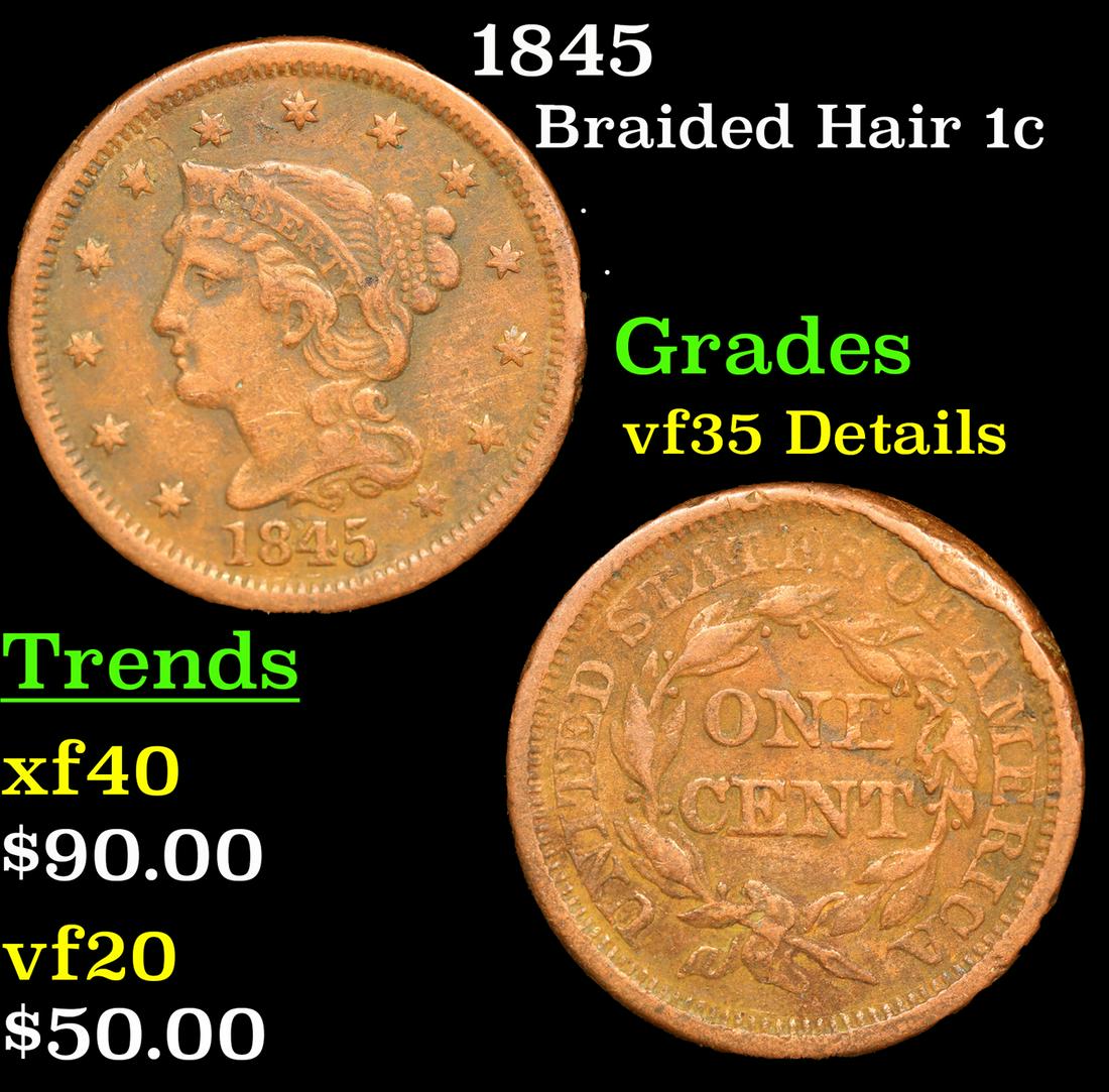 1845 Braided Hair Large Cent 1c Grades VF Details (1 of 3)