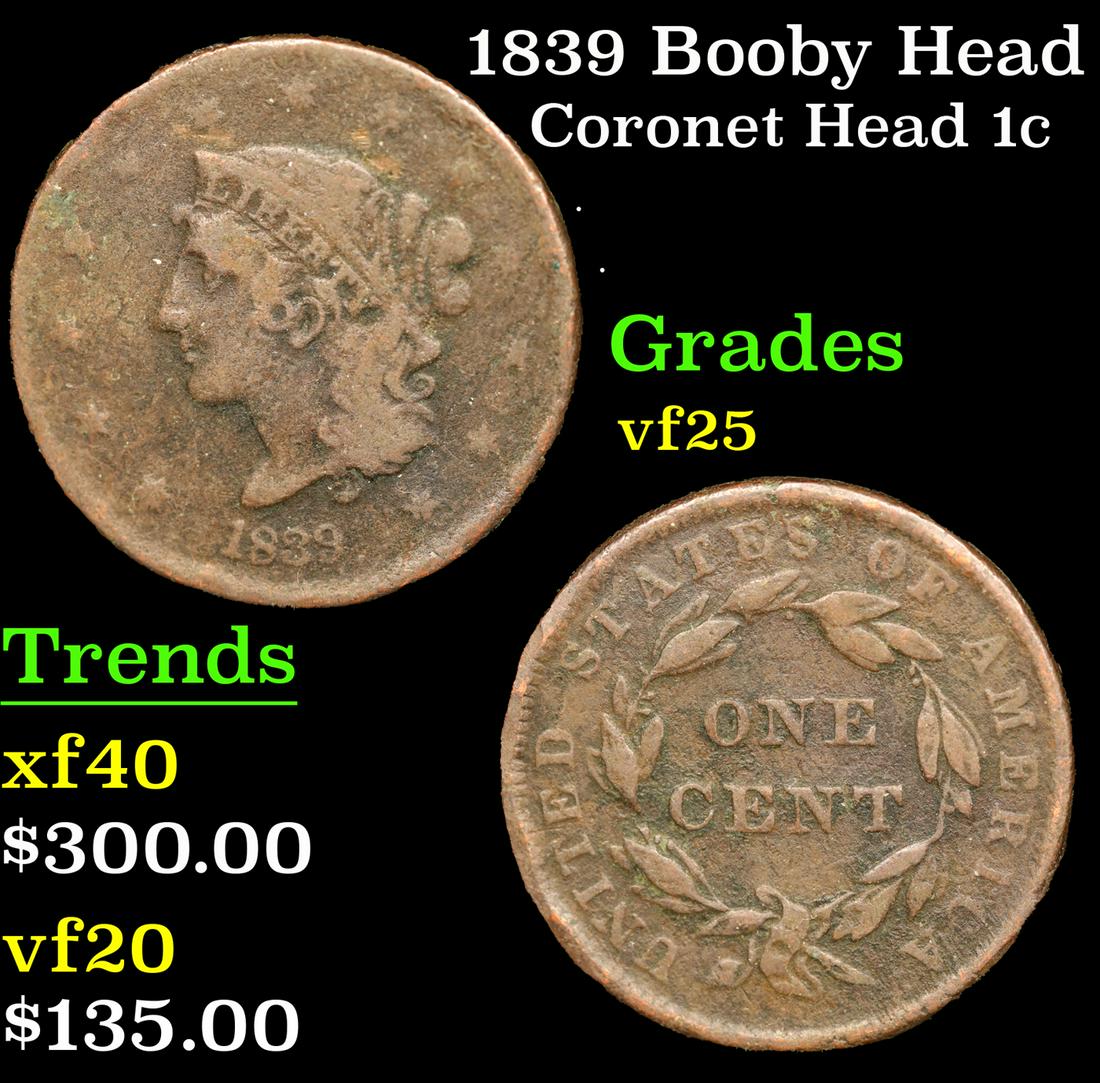 1839 Booby Head Coronet Head Large Cent 1c Grades vf+ (1 of 3)