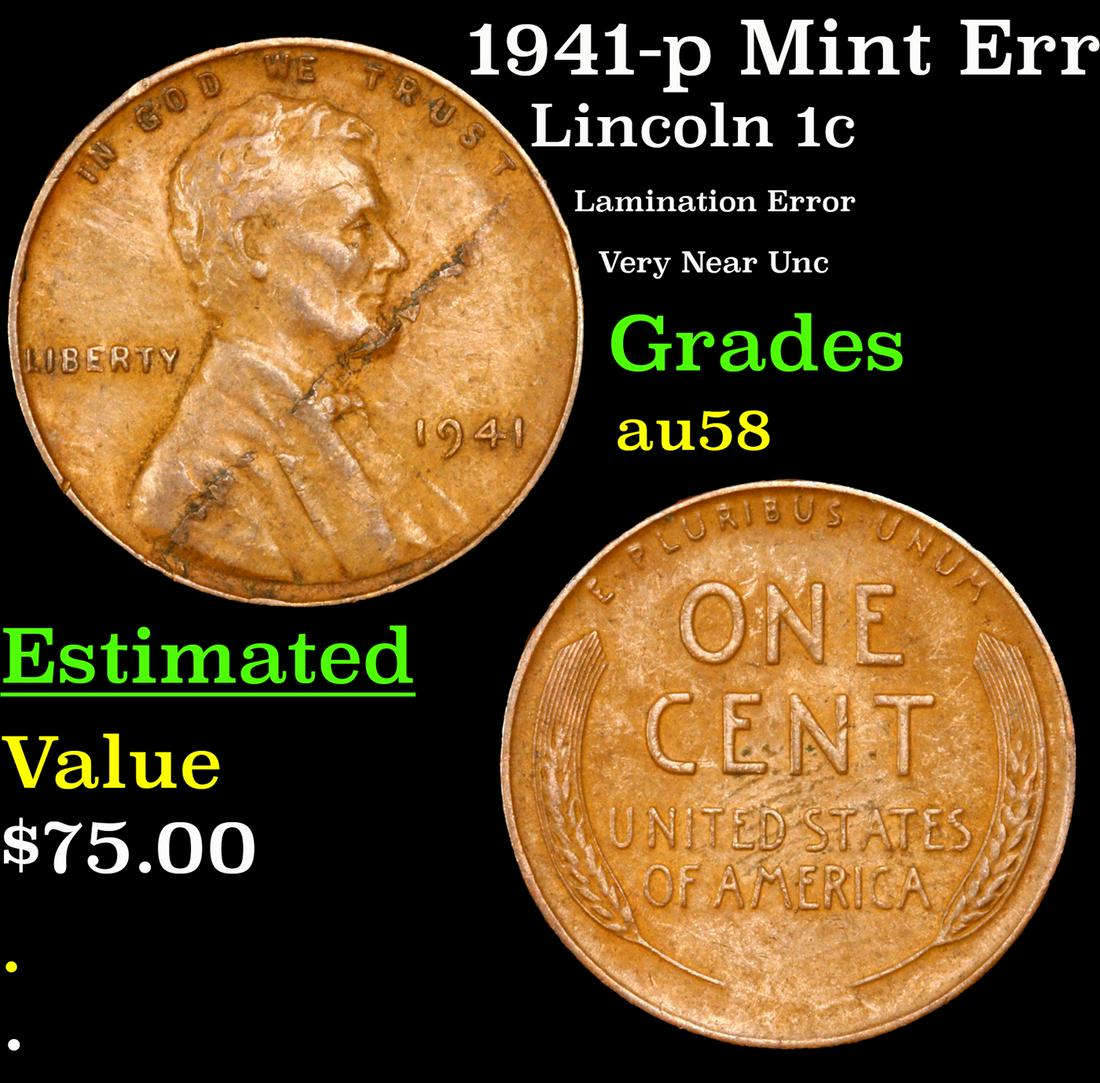 1941-p Lincoln Cent Mint Error 1c Grades Choice AU/BU Slider (1 of 3)