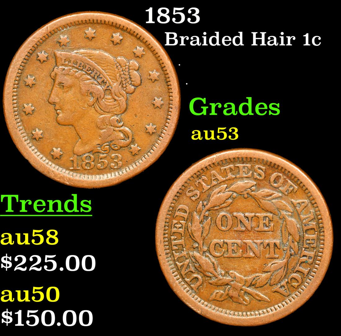 1853 Braided Hair Large Cent 1c Grades Select AU (1 of 3)