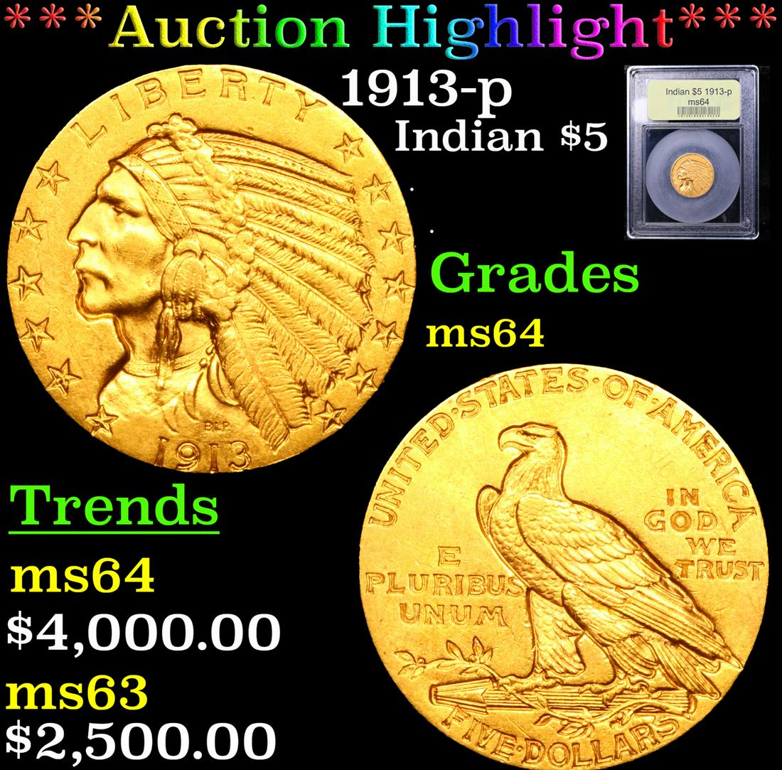***Auction Highlight*** 1913-p Gold Indian Half Eagle $5 Graded Choice Unc By USCG (fc) (1 of 5)