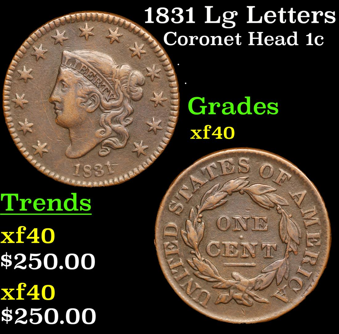 1831 Lg Letters Coronet Head Large Cent 1c Grades xf (1 of 3)