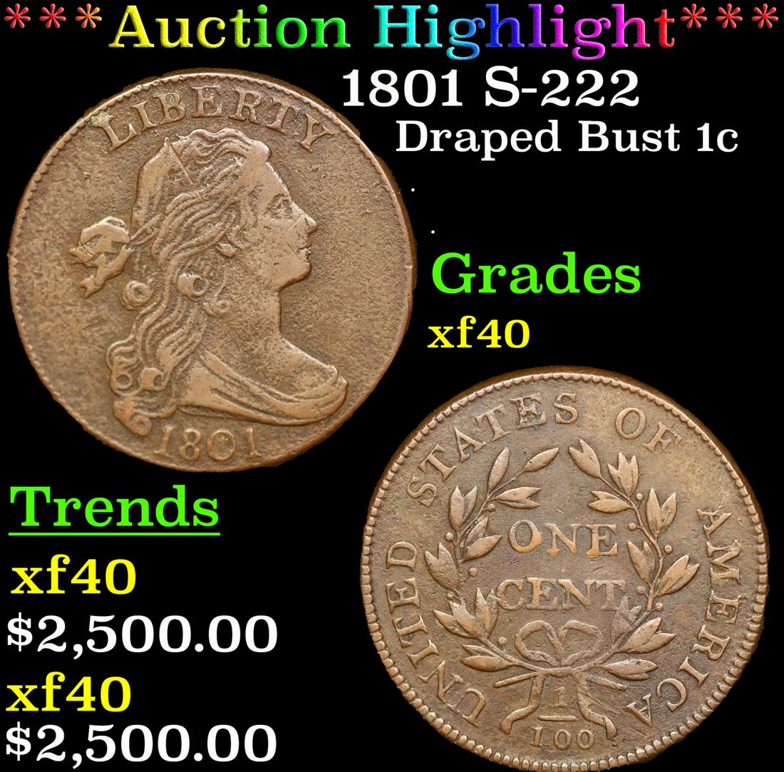 ***Auction Highlight*** 1801 Draped Bust Large Cent S-222 1c Graded xf40 By SEGS (fc) (1 of 5)