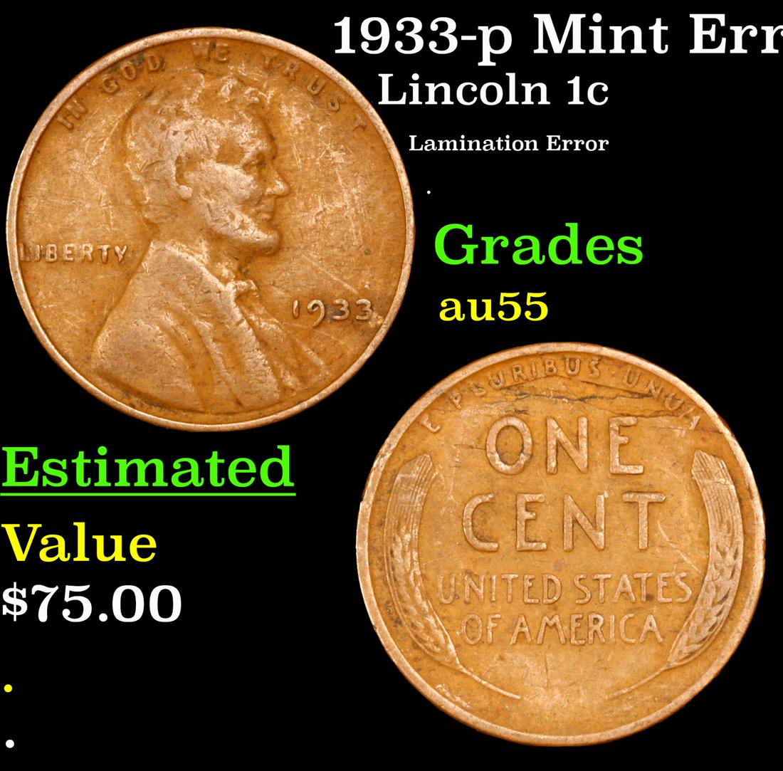 1933-p Lincoln Cent Mint Error 1c Grades Choice AU (1 of 3)