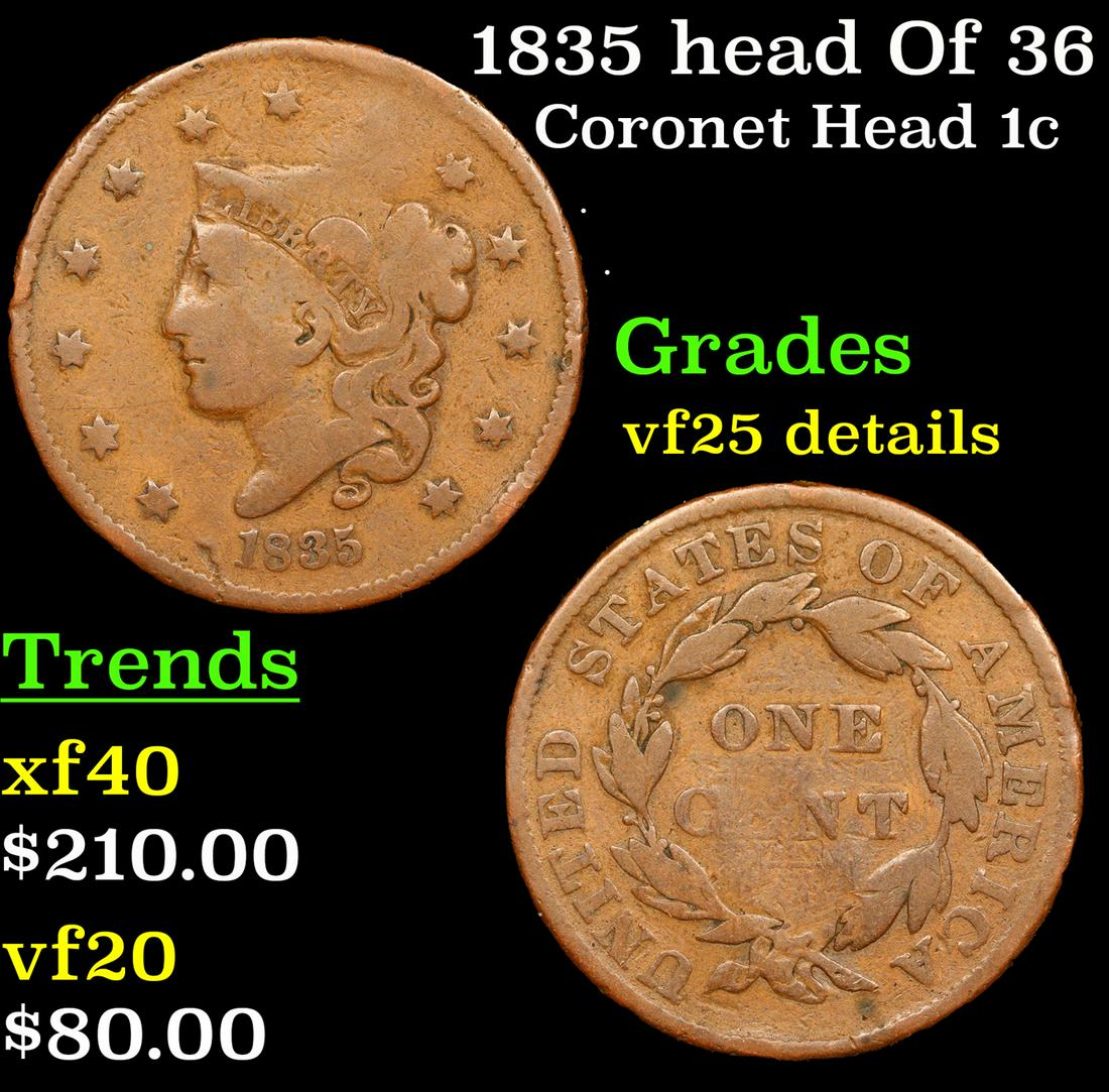 1835 Coronet Head Large Cent 1c Grades VF Details (1 of 3)