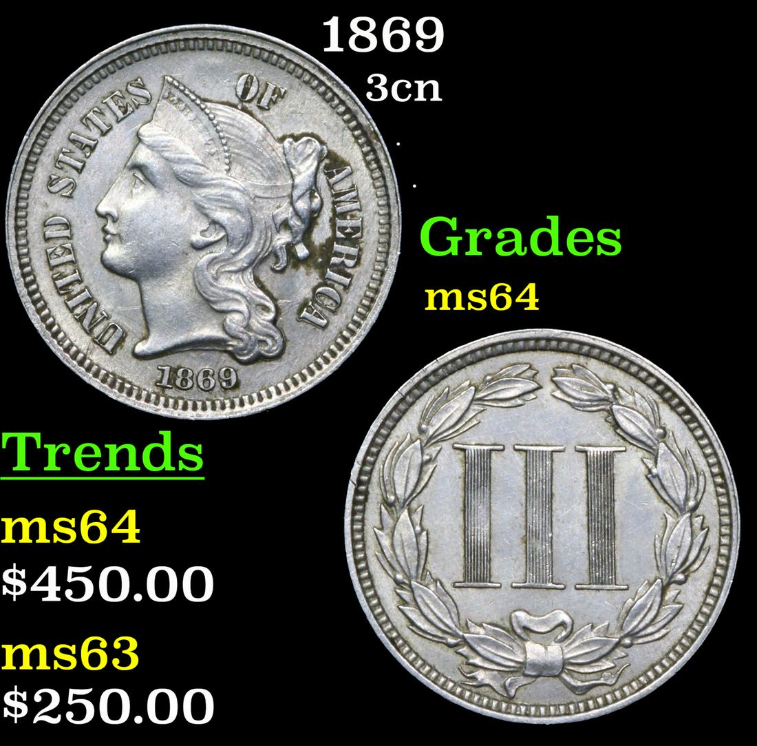 1869 Three Cent Copper Nickel 3cn Grades Choice Unc (1 of 3)