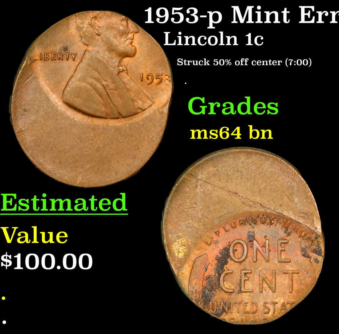 1953-p Lincoln Cent Mint Error 1c Grades Choice Unc BN (1 of 3)