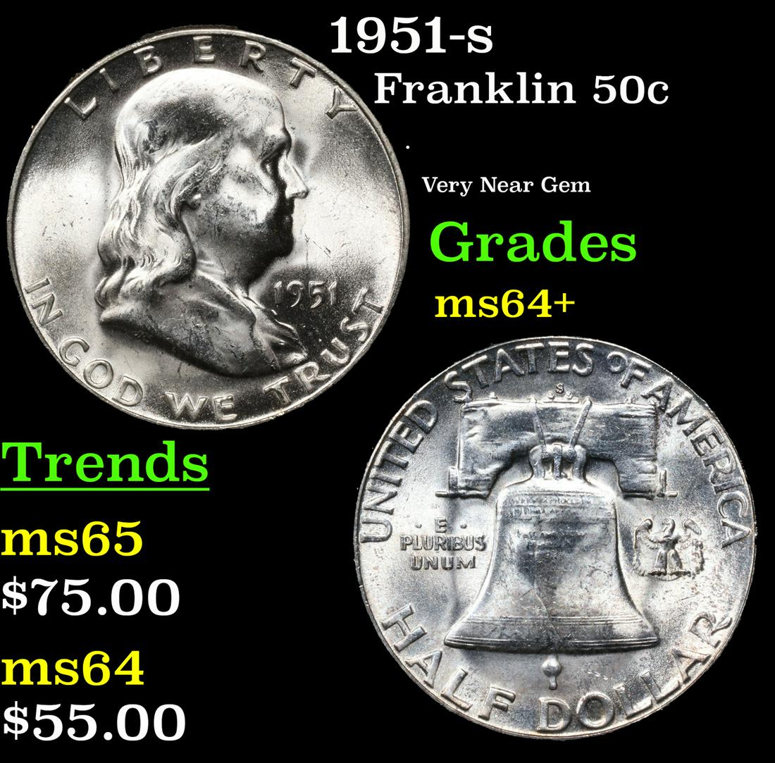 1951-s Franklin Half Dollar 50c Grades Choice+ Unc (1 of 3)