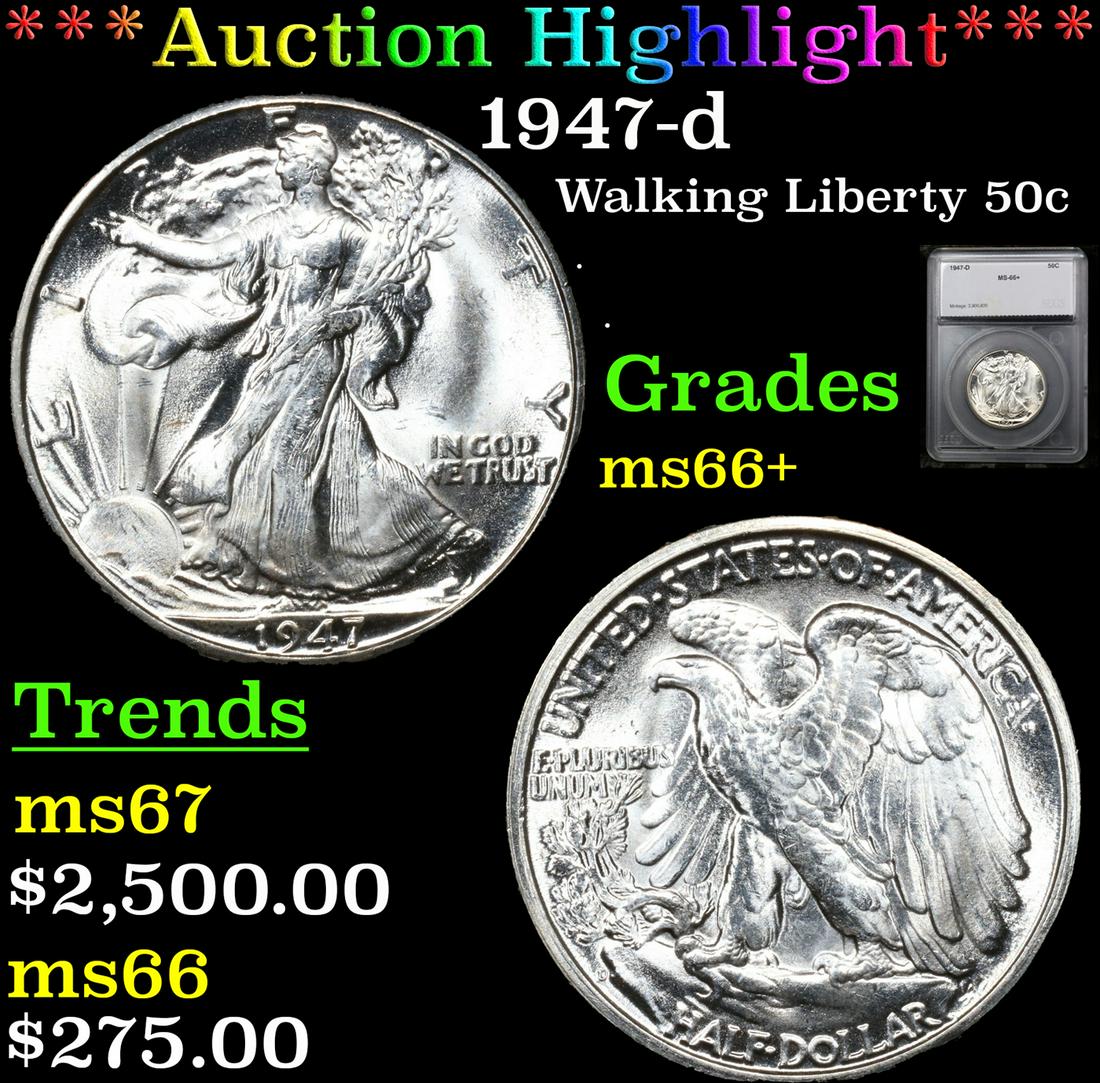 ***Auction Highlight*** 1947-d Walking Liberty Half Dollar 50c Graded ms66+ By SEGS (fc) (1 of 5)