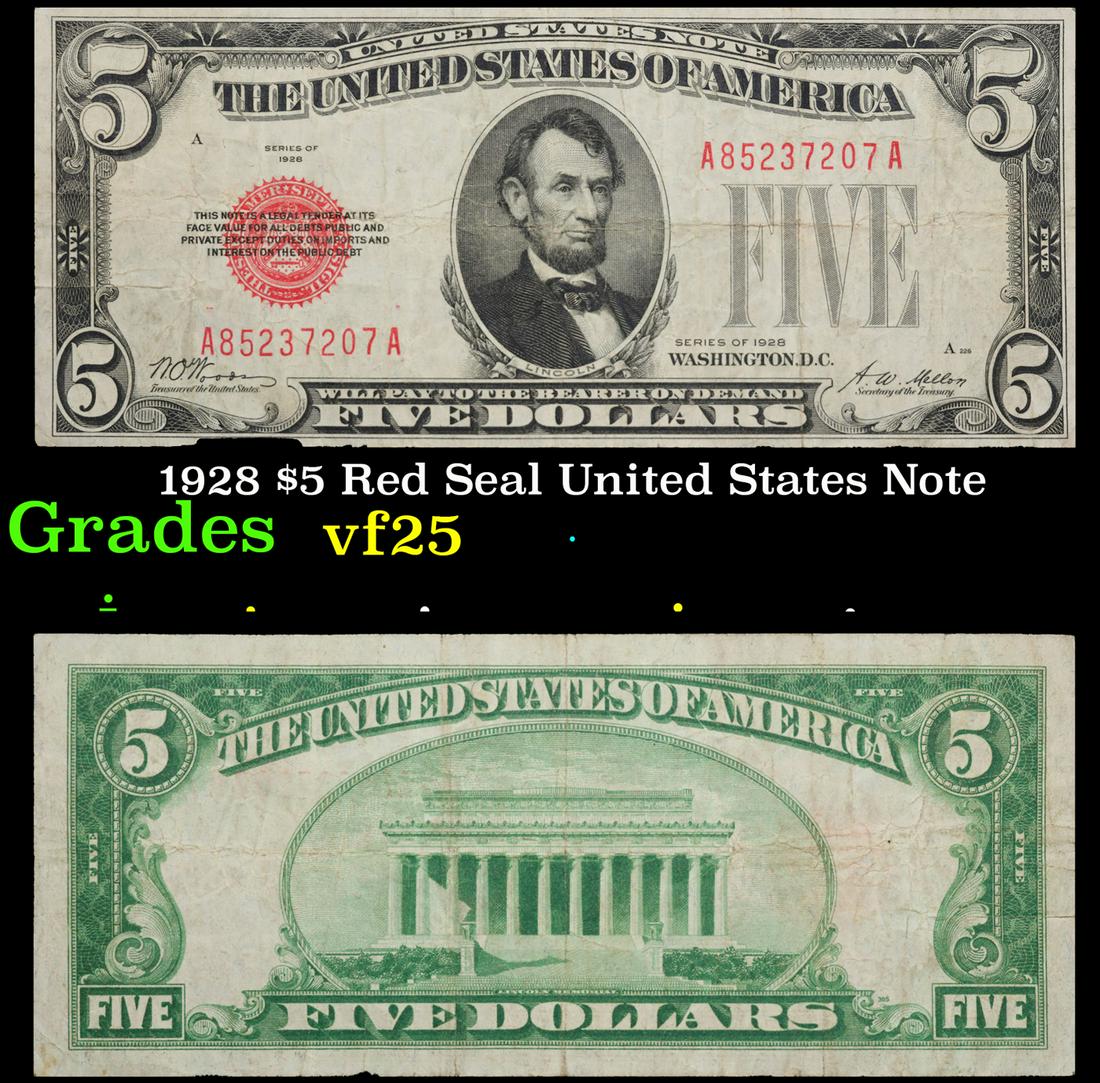 1928 $5 Red Seal United States Note Grades vf+ (1 of 3)