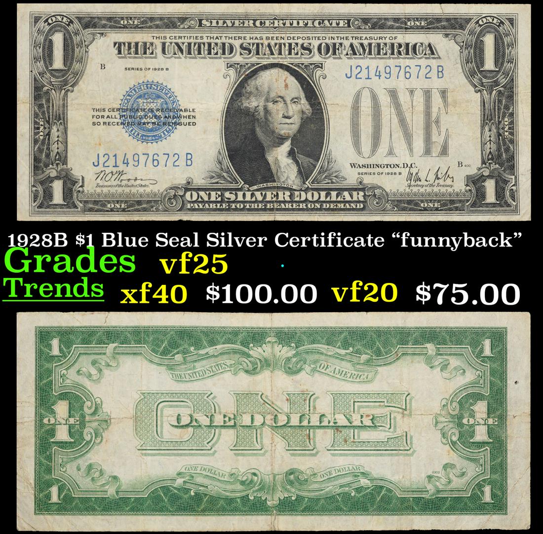 1928B $1 Blue Seal Silver Certificate "funnyback" Grades vf+ (1 of 3)