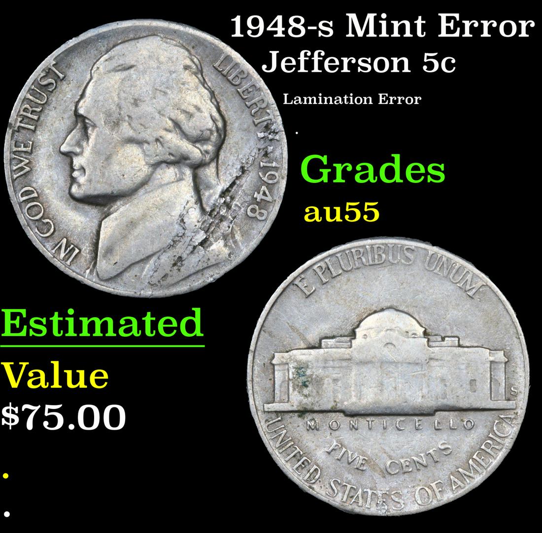1948-s Jefferson Nickel Mint Error 5c Grades Choice AU (1 of 3)