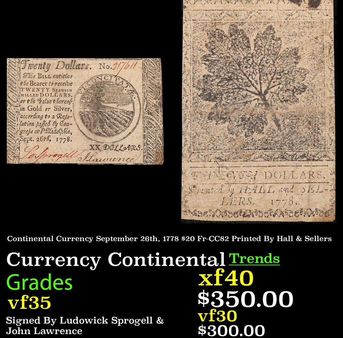 Continental Currency September 26th, 1778 $20 Fr-CC82 Printed By Hall & Sellers Grades vf++ (1 of 3)