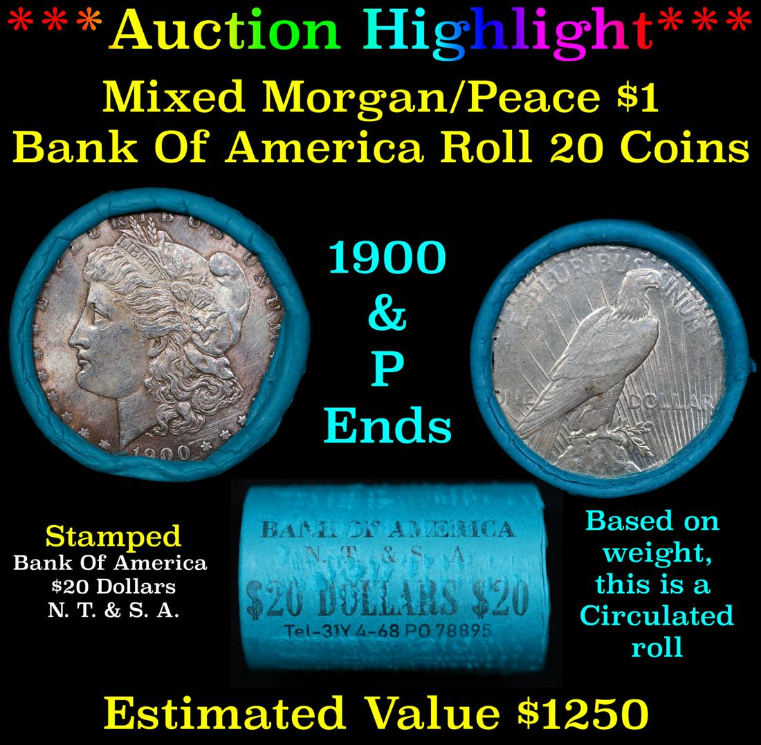***Auction Highlight*** Bank Of America 1900 & 'P' Ends Mixed Morgan/Peace Silver dollar roll, 20 (1 of 4)