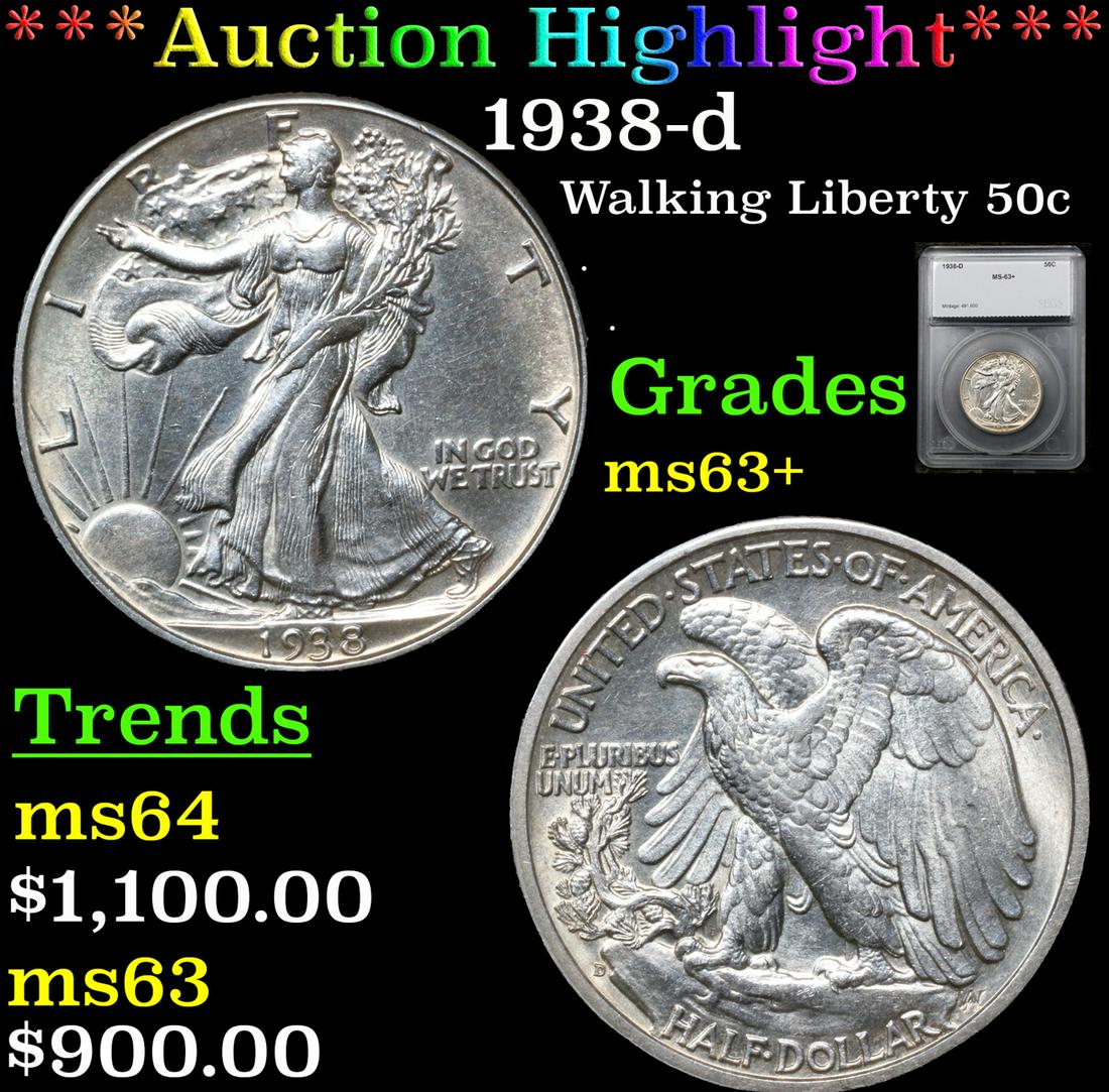 ***Auction Highlight*** 1938-d Walking Liberty Half Dollar 50c Graded ms63+ By SEGS (fc) (1 of 5)