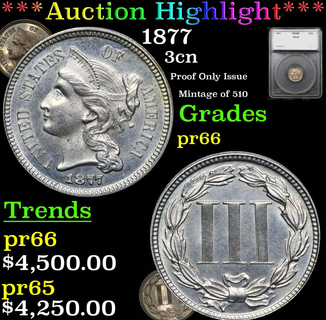 Proof ***Auction Highlight*** 1877 Three Cent Copper Nickel 3cn Graded pr66 By SEGS (fc) (1 of 7)