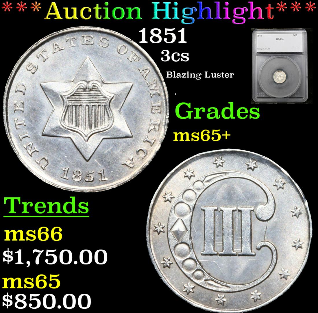 ***Auction Highlight*** 1851 Three Cent Silver 3cs Graded ms65+ By SEGS (fc) (1 of 5)