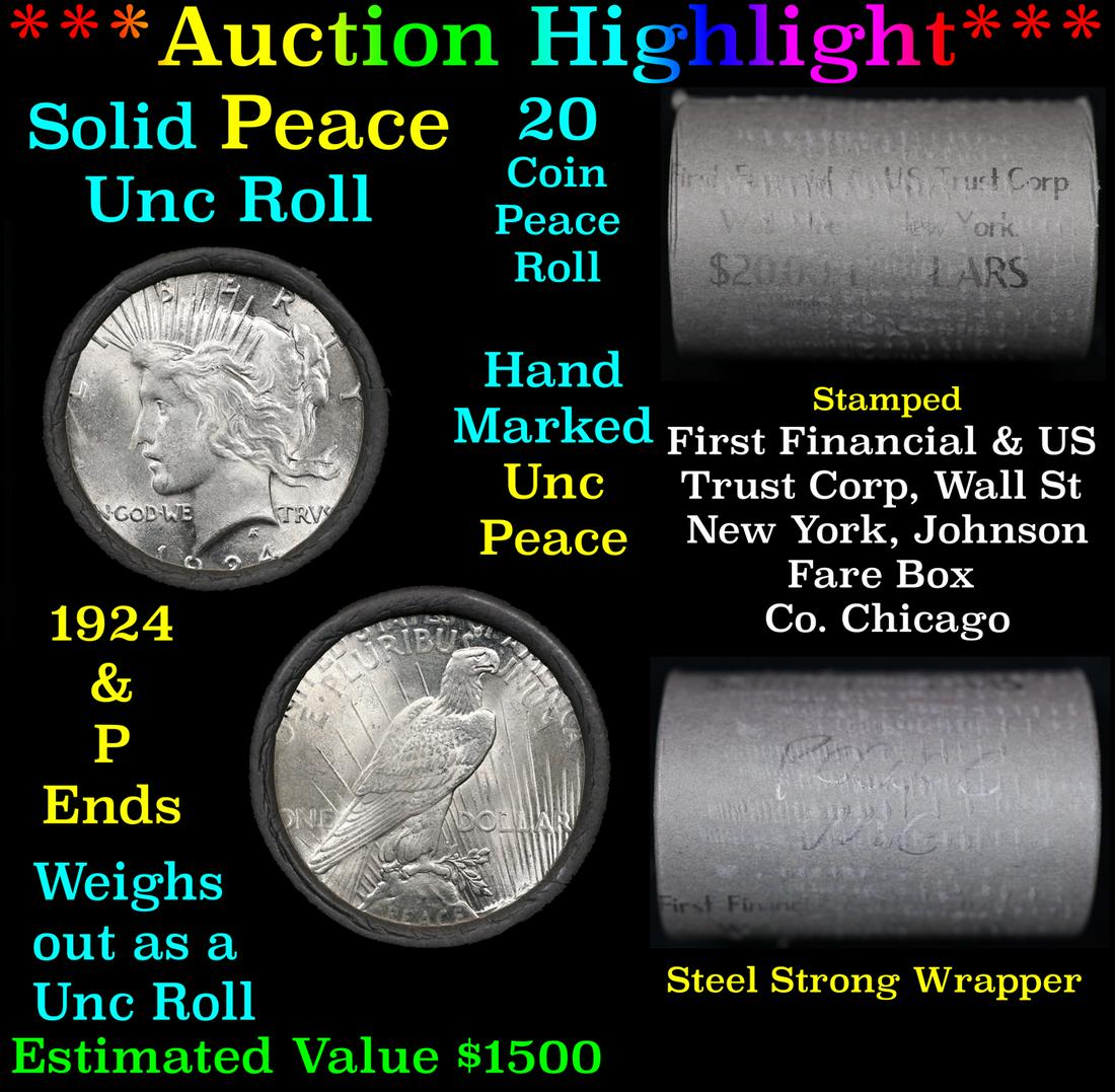 ***Auction Highlight*** Solid Uncirculated Peace silver dollar roll 1924 & P Ends, 20 coins (fc) (1 of 5)