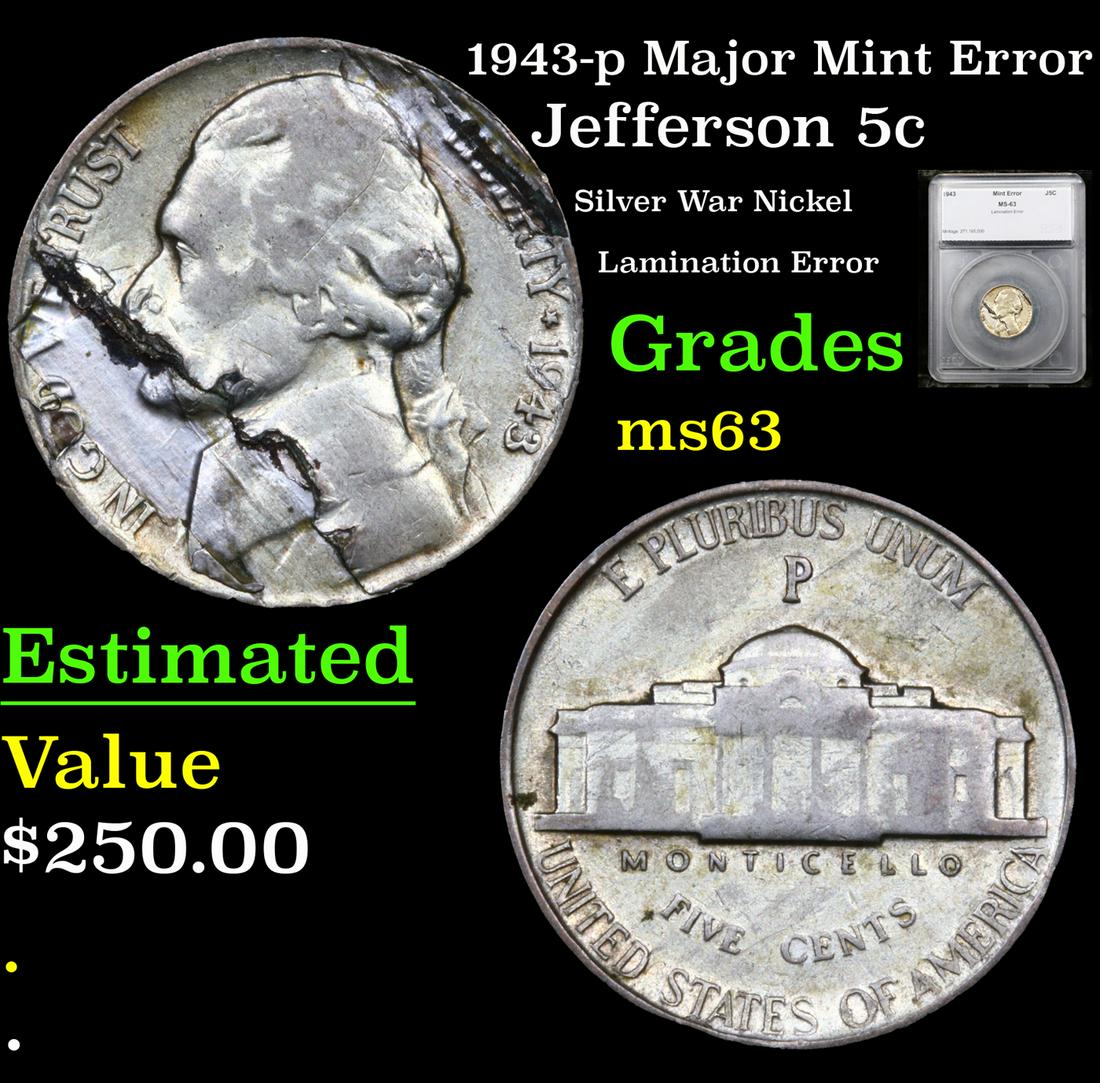1943-p Jefferson Nickel Major Mint Error 5c Graded ms63 By SEGS (1 of 5)